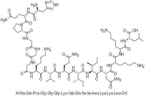 L-组氨酰-L-谷氨酰胺酰-L-脯氨酰甘氨酰甘氨酰甘氨酰-L-赖氨酰-L-缬氨酰-L-谷氨酰胺酰-L-异亮氨酰-L-异亮氨酰-L-天冬氨酰胺酰-L-赖氨酰-L-赖氨酰-L-亮氨酸分子结构 (CAS 330456-37-6)