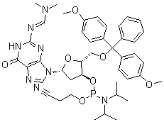 structure of CAS# 330628-04-1, 5'-O-[二(4-甲氧基苯基)苯基甲基]-2'-脱氧-N-[(二甲基氨基)亚甲基]-鸟苷 3'-[2-氰基乙基二异丙基氨基膦酸酯]