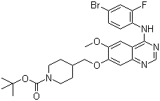 structure of CAS# 338992-20-4, 4-[[[4-[(4-溴-2-氟苯基)氨基]-6-甲氧基-7-喹唑啉基]氧基]甲基]-1-哌啶羧酸叔丁酯