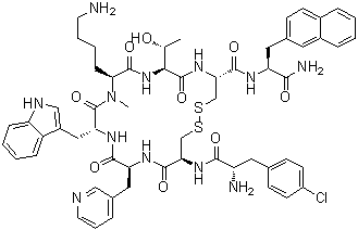 CAS # 341519-04-8, 4-Chloro-L-phenylalanyl-D-cysteinyl-3-(3-pyridinyl)-L-alanyl-D-tryptophyl-N2-methyl-L-lysyl-L-threonyl-L-cysteinyl-3-(2-naphthalenyl)-L-alaninamide cyclic (2→7)-disulfide, Cpa-cyclo[D-Cys-3-Pal-D-Trp-N<sup>Me</sup>Lys-Thr-Cys]-2-Nal-NH2, PRL 3195