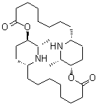 CAS # 3463-92-1, (+)-Carpaine, [1S-(1R*,11S*,13R*,14R*,24S*,26R*)]-13,26-Dimethyl-2,15-dioxa-12,25-diazatricyclo[22.2.2.2(11,14)]triacontane-3,16-dione