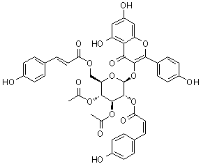 structure of CAS# 349545-02-4, 3-[[3,4-二-O-乙酰基-6-O-[(2E)-3-(4-羟基苯基)-1-氧代-2-丙烯基]-2-O-[(2Z)-3-(4-羟基苯基)-1-氧代-2-丙烯基]-beta-D-吡喃葡萄糖基]氧基]-5,7-二羟基-2-(4-羟基苯基)-4H-1-苯并吡喃-4-酮