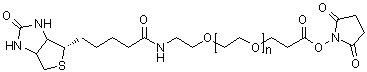 structure of CAS# 365441-71-0, alpha-[3-[(2,5-Dioxo-1-pyrrolidinyl)oxy]-3-oxopropyl]-omega-[2-[[5-[(3aS,4S,6aR)-hexahydro-2-oxo-1H-thieno[3,4-d]imidazol-4-yl]-1-oxopentyl]amino]ethoxy]-poly(oxy-1,2-ethanediyl)
