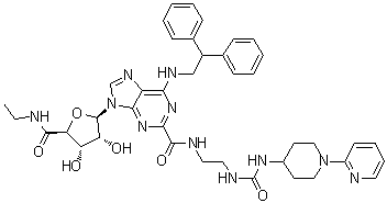 structure of CAS# 380221-63-6, 1-脱氧-1-[6-[(2,2-二苯基乙基)氨基]-2-[[[2-[[[[1-(2-吡啶基)-4-哌啶基]氨基]羰基]氨基]乙基]氨基]羰基]-9H-嘌呤-9-基]-N-乙基-beta-D-呋喃核糖酰胺