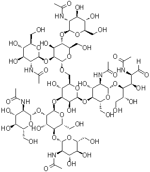 O-2-(乙酰氨基)-2-脱氧-beta-D-吡喃葡萄糖基-(1→2)-O-[2-(乙酰氨基)-2-脱氧-beta-D-吡喃葡萄糖基-(1→4)]-O-alpha-D-甘露糖基-(1→3)-O-[O-2-(乙酰氨基)-2-脱氧-beta-D-吡喃葡萄糖基-(1→2)-O-[2-(乙酰氨基)-2-脱氧-beta-D-吡喃葡萄糖基-(1→4)]-alpha-D-甘露糖基-(1→6)]-O-beta-D-甘露糖基-(1→4)-O-2-(乙酰氨基)-2-脱氧-beta-D-吡喃葡萄糖基-(1→4)-2-(乙酰氨基)-2-脱氧-D-葡萄糖分子结构 (CAS 385767-06-6)