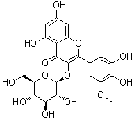 CAS # 39986-90-8, 2-(3,4-Dihydroxy-5-methoxyphenyl)-3-(beta-D-glucopyranosyloxy)-5,7-dihydroxy-4H-1-benzopyran-4-one, 3'-Methylmyricetin 3-glucoside, Laricitrin 3-O-glucoside, Laricitrin 3-glucoside, Laricitrin 3-beta-D-glucopyranoside, Larictrin 3-glucoside