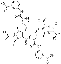 CAS # 402955-37-7, (4R,5S,6S)-3-[[(3S,5S)-5-[[(3-Carboxyphenyl)amino]carbonyl]-1-[[(4R,5S,6S)-3-[[(3S,5S)-5-[[(3-carboxyphenyl)amino]carbonyl]-3-pyrrolidinyl]thio]-6-[(1R)-1-hydroxyethyl]-4-methyl-7-oxo-1-azabicyclo[3.2.0]hept-2-en-2-yl]carbonyl]-3-pyrrolidinyl]thio]-6-[(1R)-1-hydroxyethyl]-4-methyl-7-oxo-1-azabicyclo[3.2.0]hept-2-ene-2-carboxylic acid