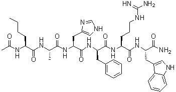 CAS # 448944-47-6, N-Acetyl-L-norleucyl-L-alanyl-L-histidyl-D-phenylalanyl-L-arginyl-L-tryptophanamide, (2S)-2-acetamido-N-[(2S)-1-[[(2S)-1-[[(2R)-1-[[(2S)-1-[[(2S)-1-amino-3-(1H-indol-3-yl)-1-oxopropan-2-yl]amino]-5-(diaminomethylideneamino)-1-oxopentan-2-yl]amino]-1-oxo-3-phenylpropan-2-yl]amino]-3-(1H-imidazol-5-yl)-1-oxopropan-2-yl]amino]-1-oxopropan-2-yl]hexanamide