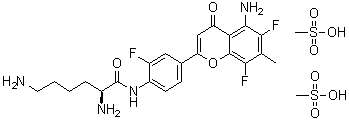 CAS 登录号：468719-53-1, (2S)-2,6-二氨基-N-[4-(5-氨基-6,8-二氟-7-甲基-4-氧代-4H-1-苯并吡喃-2-基)-2-氟苯基]己酰胺双甲烷磺酸盐
