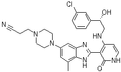 CAS # 468741-42-6, BMS 554417, 4-[2-[4-[[(2S)-2-(3-Chlorophenyl)-2-hydroxyethyl]amino]-1,2-dihydro-2-oxo-3-pyridinyl]-7-methyl-1H-benzimidazol-5-yl]-1-piperazinepropanenitrile