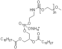CAS # 474922-82-2, alpha-[(9R)-6-Hydroxy-6-oxido-1,12-dioxo-9-[(1-oxotetradecyl)oxy]-5,7,11-trioxa-2-aza-6-phosphapentacos-1-yl]-omega-methoxypoly(oxy-1,2-ethanediyl) ammonium salt, 1,2-Dimyristoyl-sn-glycero-3-phosphoethanolamine-N-[methoxy(polyethylene glycol)-2000] ammonium salt, 14:0 PEG 2000 PE
