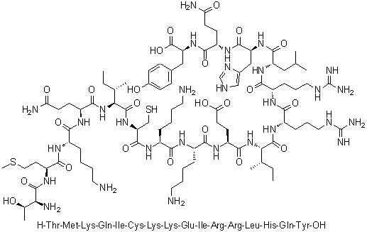 L-苏氨酰-L-蛋氨酰-L-赖氨酰-L-谷氨酰胺酰-L-异亮氨酰-L-半胱氨酰-L-赖氨酰-L-赖氨酰-L-alpha-谷氨酰-L-异亮氨酰-L-精氨酰-L-精氨酰-L-亮氨酰-L-组氨酰-L-谷氨酰胺酰-L-酪氨酸分子结构 (CAS 498532-34-6)