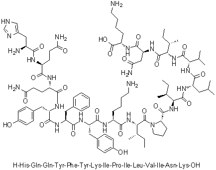 L-组氨酰-L-谷氨酰胺酰-L-谷氨酰胺酰-L-酪氨酰-L-苯丙氨酰-L-酪氨酰-L-赖氨酰-L-异亮氨酰-L-脯氨酰-L-异亮氨酰-L-亮氨酰-L-缬氨酰-L-异亮氨酰-L-天冬氨酰胺酰-L-赖氨酸分子结构 (CAS 503060-82-0)
