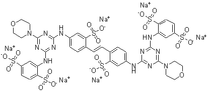 2,2'-[1,2-乙烯二基二[(3-磺基-4,1-亚苯基)亚氨基[6-(4-吗啉基)-1,3,5-三嗪-4,2-二基]亚氨基]]双-1,4-苯二磺酸六钠盐分子结构 (CAS 52301-70-9)