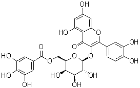 CAS # 53171-28-1, Quercetin-3-O-(6'-O-galloyl)-beta-D-galactopyranoside, 2-(3,4-Dihydroxyphenyl)-5,7-dihydroxy-3-[[6-O-(3,4,5-trihydroxybenzoyl)-beta-D-galactopyranosyl]oxy]-4H-1-benzopyran-4-one, Hyperin 6''-gallate, Quercetin 3-(6-O-galloyl-beta-D-galactoside)