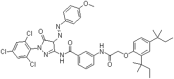 CAS # 55664-78-3, 1-(2,4,6-Trichlorophenyl)-3-[3-(2,4-di-tert-pentylphenoxy)acetamidobenzamido]-4-(4-methoxyphenyl)azo-2-pyrazolin-5-one, 3-[[[2,4-Bis(1,1-dimethylpropyl)phenoxy]acetyl]amino]-N-[4,5-dihydro-4-[(methoxyphenyl)azo]-5-oxo-1-(2,4,6-trichlorophenyl)-1H-pyrazol-3-yl]-benzamide