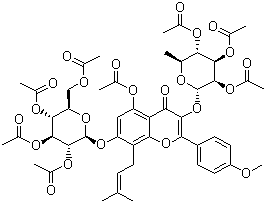 CAS # 56692-02-5, Icariin peracetate, 5-(Acetyloxy)-2-(4-methoxyphenyl)-8-(3-methyl-2-butenyl)-7-[(2,3,4,6-tetra-O-acetyl-beta-D-glucopyranosyl)oxy]-3-[(2,3,4-tri-O-acetyl-6-deoxy-alpha-L-mannopyranosyl)oxy]-4H-1-benzopyran-4-one