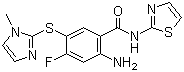 CAS # 603107-76-2, 2-Amino-4-fluoro-5-[(1-methyl-1H-imidazol-2-yl)thio]-N-thiazol-2-ylbenzamide, 2-Amino-4-fluoro-5-(1-methyl-1H-imidazol-2-yisulfanyl)-N-thiazol-2-ylbenzamide