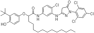 structure of CAS# 61354-99-2, 2-(3-tert-Butyl-4-hydroxyphenoxy)-N-(4-chloro-3-((4,5-dihydro-5-oxo-1-(2,4,6-trichlorophenyl)-1H-pyrazol-3-yl)amino)phenyl)myristamide