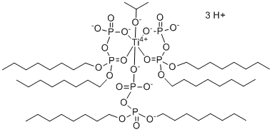 [P,P-二辛基二磷酸(2-)-κO'']双[P,P-二辛基二磷酸(2-)-κO'',κO''''](2-丙醇)-钛酸盐(3-)氢(1:3)分子结构 (CAS 62180-92-1)