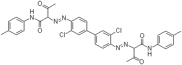 CAS 登录号：6358-37-8, 颜料黄 55, 2,2'-[(3,3'-二氯[1,1'-联苯]-4,4'-基)双(偶氮)]双[N-(4-甲基苯基)-3-氧代丁酰胺]