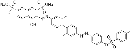 CAS # 6358-57-2, Acid Red 111, C.I. 23266, Disodium 3-[[2,2'-dimethyl-4'-[[4-[[(p-tolyl)sulphonyl]oxy]phenyl]azo][1,1'-biphenyl]-4-yl]azo]-4-hydroxynaphthalene-2,7-disulphonate