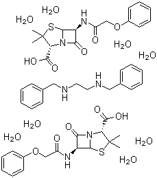 CAS # 63690-57-3, Penicillin V Benzathine, 3,3-Dimethyl-7-oxo-6-[(phenoxyacetyl)amino]-4-thia-1-azabicyclo[3.2.0]heptane-2-carboxylic acid N,N'-bis(phenylmethyl)-1,2-ethanediamine (2:1) octahydrate