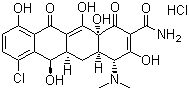 CAS # 64-73-3, Demeclocycline hydrochloride, 7-Chloro-6-demethyltetracycline hydrochloride, 7-Chloro-4-dimethylamino-3,6,10,12,12a-pentahydroxy-1,11-dioxo-1,4,4a,5,5a,6,11,12a-octahydro-naphthacene-2-carboxamide hydrochloride