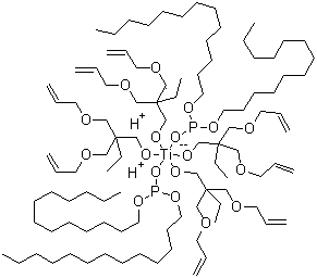 CAS # 64157-14-8, Tetra(2,2-diallyloxymethyl-1-butyl)bis(ditridecylphosphite)titanate, Tetra(2,2-diallyloxymethyl-1-butoxy titanium di(ditridecyl)phosphite, Ken-React TTMDTP 55, Plainact 55, Plenact KR 55, TTMDTP