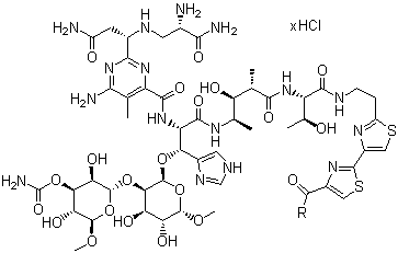 CAS # 67763-87-5, Bleomycin hydrochloride, 3-[[2-[2-[2-[[(2S,3R)-2-[[(2S,3S,4R)-4-[[(2S,3R)-2-[[6-amino-2-[(1S)-3-amino-1-[[(2S)-2,3-diamino-3-oxopropyl]amino]-3-oxopropyl]-5-methylpyrimidine-4-carbonyl]amino]-3-[(2R,3S,4S,5S,6S)-3-[(2R,3S,4S,5R,6R)-4-carbamoyloxy-3,5-dihydroxy-6-(hydroxymethyl)oxan-2-yl]oxy-4,5-dihydroxy-6-(hydroxymethyl)oxan-2-yl]oxy-3-(1H-imidazol-5-yl)propanoyl]amino]-3-hydroxy-2-methylpentanoyl]amino]-3-hydroxybutanoyl]amino]ethyl]-1,3-thiazol-4-yl]-1,3-thiazole-4-carbonyl]amino]propyl-dimethylsulfanium,hydrochloride