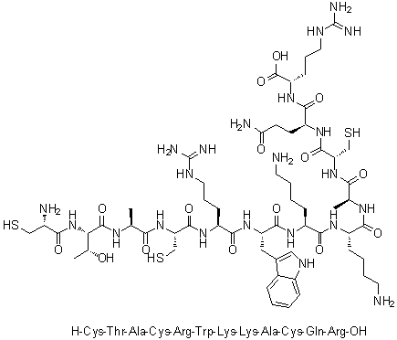 L-半胱氨酰-L-苏氨酰-L-丙氨酰-L-半胱氨酰-L-精氨酰-L-色氨酰-L-赖氨酰-L-赖氨酰-L-丙氨酰-L-半胱氨酰-L-谷氨酰胺酰-L-精氨酸分子结构 (CAS 678160-99-1)