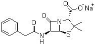 CAS # 69-57-8, Penicillin G sodium salt, Sodium [2S-(2alpha,5alpha,6beta)]-3,3-dimethyl-7-oxo-6-(phenylacetamido)-4-thia-1-azabicyclo[3.2.0]heptane-2-carboxylate, 3,3-Dimethyl-7-oxo-6-(2-phenyl-acetamido)-4-thia-1-azabicyclo[3.2.0]heptane-2-carboxylic acid monosodium salt, Benzylpenicillin sodium salt