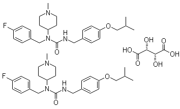CAS # 706782-28-7, Pimavanserin tartrate, N-[(4-Fluorophenyl)methyl]-N-(1-methyl-4-piperidinyl)-N'-[[4-(2-methylpropoxy)phenyl]methyl]urea (2R,3R)-2,3-dihydroxybutanedioate (2:1), ACP 103