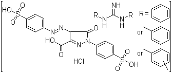 CAS 登录号：71077-14-0, 4,5-二氢-5-氧代-1-(4-磺苯基)-4-[(4-磺苯基)偶氮]-1H-吡唑-3-羧酸与 N,N'-双(混合苯基,甲苯基和二甲苯基)胍盐酸盐衍生物的反应产物