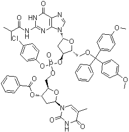 CAS 登录号：71459-57-9, 3'-O-苯甲酰基-P-(4-氯苯基)胸苷酰-(5'→3')-5'-O-[二(4-甲氧基苯基)苯基甲基]-2'-脱氧-N-(2-甲基-1-氧代丙基)鸟苷
