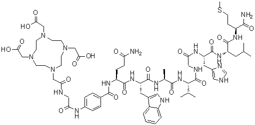 N-[2-[4,7,10-三(羧甲基)-1,4,7,10-四氮杂环十二烷-1-基]乙酰基]甘氨酰-4-氨基苯甲酰-L-谷氨酰胺酰-L-色氨酰-L-丙氨酰-L-缬氨酰甘氨酰-L-组氨酰-L-亮氨酰-L-蛋氨酰胺分子结构 (CAS 721937-56-0)
