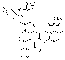 CAS 登录号：72243-90-4, 3-[[4-氨基-9,10-二氢-9,10-二氧代-3-[磺酸基-4-(1,1,3,3-四甲基丁基)苯氧基]-1-蒽基]氨基]-2,4,6-三甲基-苯磺酸二钠盐
