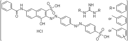 CAS 登录号：73507-36-5, 7-(苯甲酰氨基)-4-羟基-3-[2-[4-[2-(4-磺酸基苯基)偶氮]苯基]偶氮]-2-萘磺酸与 N,N'-双(混合苯基,甲苯基和二甲苯基)胍反应产物的盐酸盐