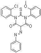 CAS # 76153-11-2, 1-(2-Chlorophenyl)dihydro-3-(2-methoxyphenyl)-5-(phenylazo)-2-thioxo-4,6(1H,5H)-pyrimidinedione, NSC 295735