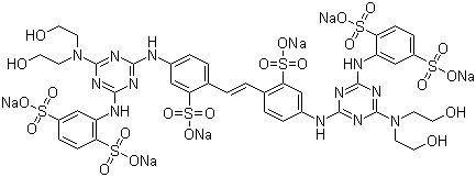CAS # 76482-78-5, Fluorescent Brightener 264, 2,2-(1,2-Ethenediylbis((3-sulfo-4,1-phenylene)imino(6-(bis(2-hydroxyethyl)amino)-1,3,5-triazine-4,2-diyl)imino))bis(1,4-benzenedisulfonic acid) hexasodium salt
