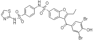 structure of CAS# 765317-72-4, 3-(3,5-Dibromo-4-hydroxybenzoyl)-2-ethyl-N-[4-[(2-thiazolylamino)sulfonyl]phenyl]-6-benzofuransulfonamide