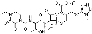 CAS 登录号：76648-01-6, 头孢拉宗钠, (6R,7S)-7-[[(2R,3S)-2-[(4-乙基-2,3-二氧代哌嗪-1-甲酰)氨基]-3-羟基丁酰]氨基]-7-甲氧基-3-[(1-甲基四唑-5-基)硫甲基]-8-氧代-5-硫杂-1-氮杂双环[4.2.0]辛-2-烯-2-甲酸钠