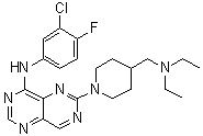 CAS # 793726-84-8, N-(3-Chloro-4-fluorophenyl)-6-[4-[(diethylamino)methyl]-1-piperidinyl]pyrimido[5,4-d]pyrimidin-4-amine, BIBU 1361