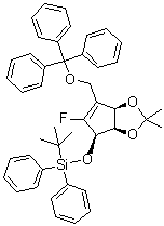 structure of CAS# 805245-41-4, (3aR,4R,6aR)-4-[[(1,1-Dimethylethyl)diphenylsilyl]oxy]-5-fluoro-3a,6a-dihydro-2,2-dimethyl-6-[(triphenylmethoxy)methyl]-4H-cyclopenta-1,3-dioxole