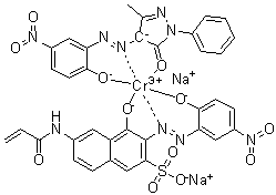 CAS 登录号：80997-95-1, [2,4-二氢-4-[(2-羟基-5-硝基苯基)偶氮]-5-甲基-2-苯基-3H-吡唑-3-酮(2-)][4-羟基-3-[(2-羟基-5-硝基苯基)偶氮]-6-[(1-氧代-2-丙烯基)氨基]-2-萘磺酸基]铬酸二钠