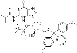 structure of CAS# 81279-39-2, 5'-O-[双(4-甲氧基苯基)苯基甲基]-2'-O-[(叔丁基)二甲基硅基]-N-(2-甲基-1-氧代丙基)鸟苷
