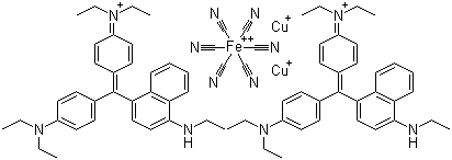 CAS # 82338-76-9 (57485-98-0), Pigment Blue 62, C.I. 42595:4, Bis[[4-[[4-(diethylamino)phenyl][4-(ethylamino)-1-naphthyl]methylene]cyclohexa-2,5-dien-1-ylidene]diethylammonium] dicopper(1+) hexa(cyano-C)ferrate(4-)