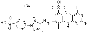 CAS # 83400-22-0, 3-[(5-Chloro-2,6-difluoro-4-pyrimidinyl)amino]-5-[[4,5-dihydro-3-methyl-5-oxo-1-(4-sulfophenyl)-1H-pyrazol-4-yl]azo]-4-methylbenzenesulfonic acid sodium salt