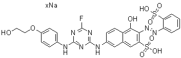 7-[[4-氟-6-[[4-(2-羟基乙氧基)苯基]氨基]-1,3,5-三嗪-2-基]氨基]-4-羟基-3-[(2-磺基苯基)偶氮]-2-萘磺酸钠盐分子结构 (CAS 83763-59-1)