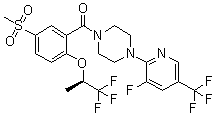 structure of CAS# 845614-12-2, [4-(3-氟-5-三氟甲基吡啶-2-基)哌嗪-1-基][5-甲基磺酰基-2-[((R)-2,2,2-三氟-1-甲基乙基)氧基]苯基]甲酮